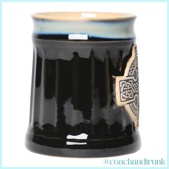 SCOTTISH STONEWARE RAISED CELTIC CROSS MUG BLACK TAN GLAZE IMPORT NWT - Picture 2 of 9